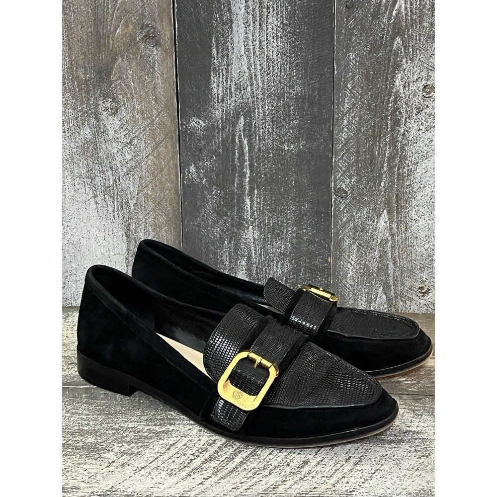 Vince Camuto Black Leather Loafer Flats Buckle Square Toe Animal Print  7.5